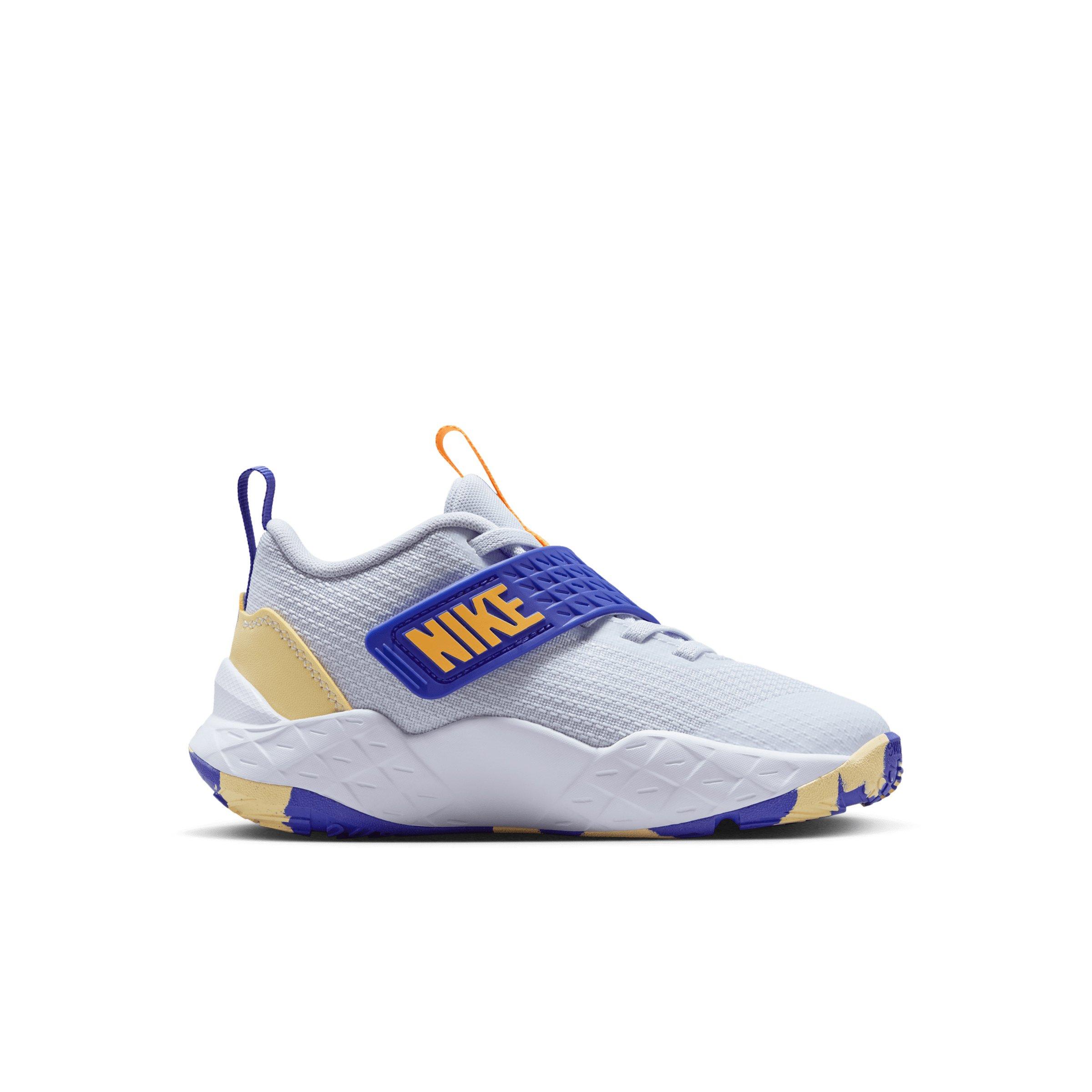 Nike Team Hustle D 12 "Football Grey/Lapis/Soft Yellow/Laser Orange" Preschool Boys' Basketball Shoe - GREY/LAPIS/YELLOW/ORANGE